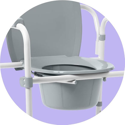 Medline 3-in-1 Steel Bedside Commode, Elongated Seat, Sturdy Folding Frame, 7.5 QT. Bucket, 350 lb. Weight Capacity, Clip-on Seat, Easy Cleaning, Tool-Free Assembly, Gray