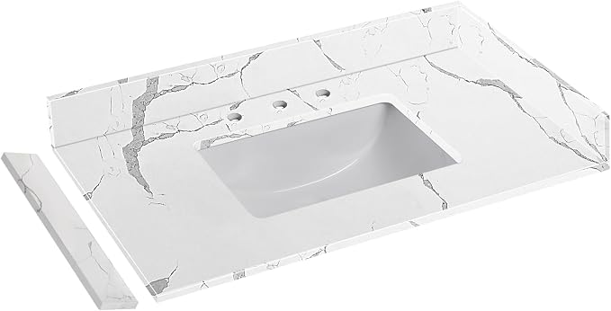 36 in.W x 22 in.D Quartz Calacatta River Vanity Top,with Undermount Middle Sink Vanity Top,with Two Sidesplash & One Backsplash,8 Inch Faucet Hole Spread Bathroom Vanity Sink Countertop