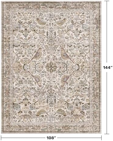 Floral 9x12 Large Area Rug for Living Room - Floral & Bird Soft Rugs for Bedroom,Non Slip Washable Carpet for Dining Room Under Table, Vintage Brown Taupe Indoor Décor, Low Pile Stain Resistant