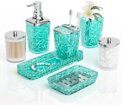 Bathroom Accessories Set, 7 Pcs Teal Bathroom Set, Acrylic Soap Dispenser and Toothbrush Holder Set, Qtip Holder Set, Bathroom Sink Set, Gift for Home Apartment