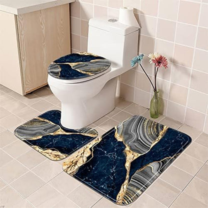 Nkzply 4 Pcs Blue Marble Shower Curtain Sets with Rugs Gold Bathroom Sets with Shower Curtain and Rugs Modern Abstract Grey Bathroom Accessories Decor Toilet Lid Cover and 12 Hooks