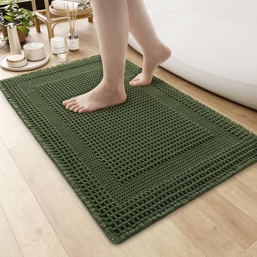 AMOAMI Waffle Bath Mat, Absorbent Bathroom Rugs Non Slip 18x30 Dark Green