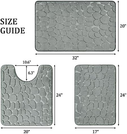 YIHOUSE Bathroom Rugs Mat Set, Memory Foam Bath Mat 3 Piece Gray
