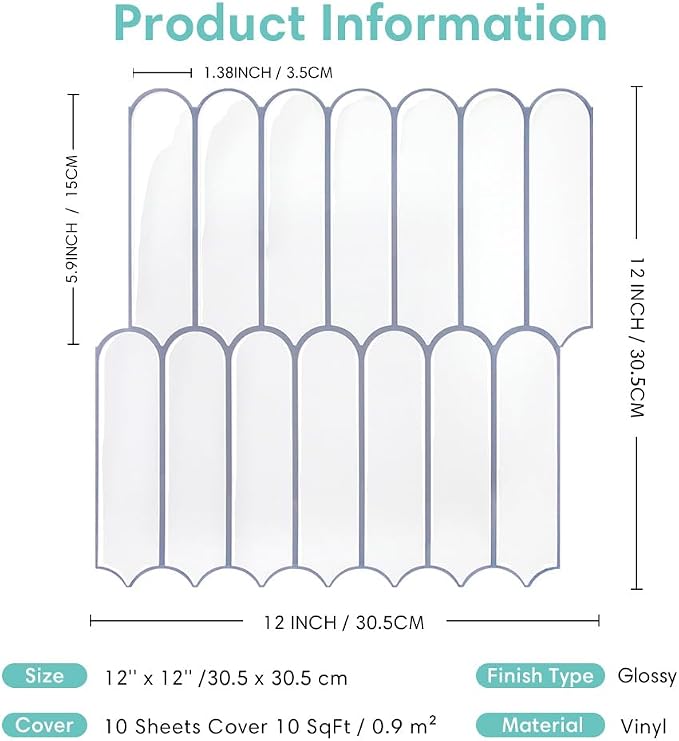 Commomy Thicker White Peel and Stick Tiles Backsplash - 10 pcs of 12" x 12" - 3D Adhesive Peel and Stick Backsplash for Kitchen, Bathroom, Removable, Waterproof, Vinyl Wall Tile (Gray Grout)