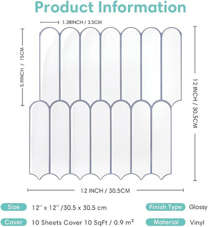 Commomy Thicker White Peel and Stick Tiles Backsplash - 10 pcs of 12" x 12" - 3D Adhesive Peel and Stick Backsplash for Kitchen, Bathroom, Removable, Waterproof, Vinyl Wall Tile (Gray Grout)