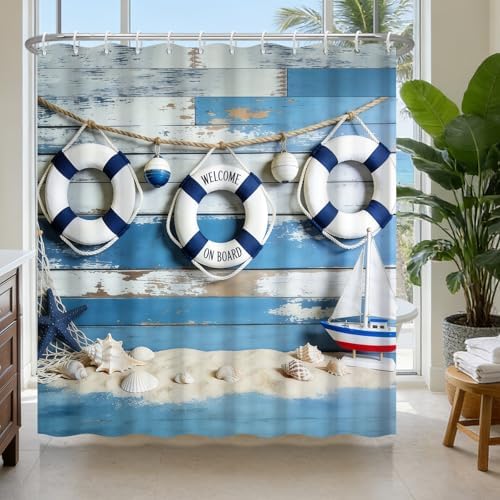 Waterproof Nautical Shower Curtain with Hooks, Deck Swim Ring Fabric Shower Curtains for Bathroom, Metal Grommets & Weighted Hem, Machine Washable Bathroom Shower Curtain Set, 72" W x 72" L