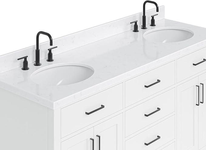 ARIEL Hepburn 66-inch Bathroom Vanity with Sink,Solid Wood, 1.5-inch Carrara White Quartz Countertop & Backsplash, Double Oval Porcelain Sink, 4 Soft Closing Doors, 6 Dovetail Drawers, White