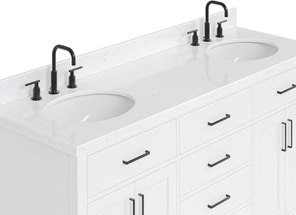 ARIEL Hepburn 66-inch Bathroom Vanity with Sink,Solid Wood, 1.5-inch Carrara White Quartz Countertop & Backsplash, Double Oval Porcelain Sink, 4 Soft Closing Doors, 6 Dovetail Drawers, White