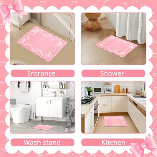 Mocsicka Pink Bow Bath Mat Cute Bow Bathroom Rug Super Soft Absorbent Bathroom Rugs Non Slip Bath Mat Machine Washable Rug for Bathrooms 16x24 inches (Pink, 40x60cm)