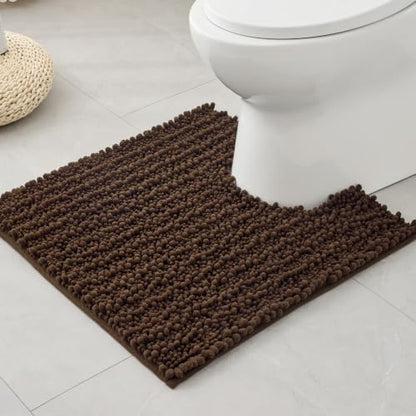 Disolla Toilet Rug 24x24 Inch - Brown U-Shaped Bathroom Floor Mat, Soft Shaggy Plush Absorbent Chenille Contour Rug, Non-Slip Washable Pedestal Base Rug