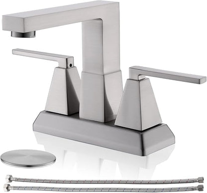 Brushed Nickel Bathroom Faucets - 3 or 2 Hole Centerset Faucet Bathroom, 2 Handles 4 Inch Vanity Sink Faucets Nickel with Pop-up Drain 360° Swivel Spout Suitable for RV Restroom Remodel