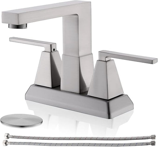 Brushed Nickel Bathroom Faucets - 3 or 2 Hole Centerset Faucet Bathroom, 2 Handles 4 Inch Vanity Sink Faucets Nickel with Pop-up Drain 360° Swivel Spout Suitable for RV Restroom Remodel