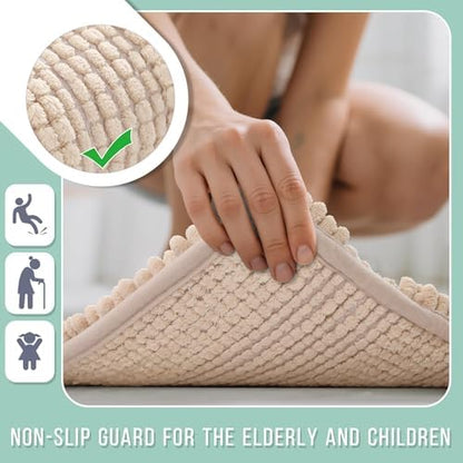 Yimobra Bathroom Rug Mat 47 x 24, Non Slip and Super Absorbent Bath Mat,Machine Washable Quick Dry,Ultra Plush Chenille Shower Rugs for Bathroom Floor Sink Tub and Shower Outside, Beige