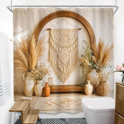 Boho Shower Curtain 72x72 Bohemian Style Pampas Grass Beige Bathroom Decor
