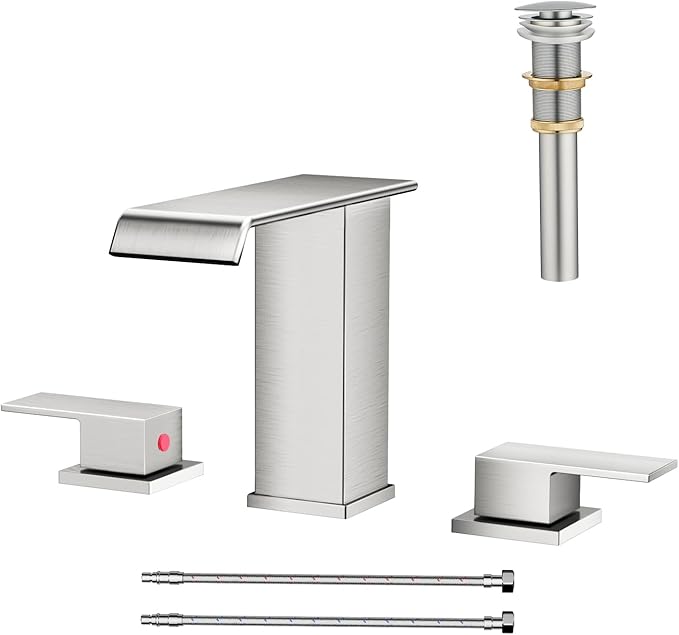 Waterfall Bathroom Faucet 3 Hole, Brushed Nickel 8 Inch Widespread Modern 3 Piece Bathroom Sink Faucet, Touch On Lavatory Faucet for Vanity RV Restroom, Straight Spout