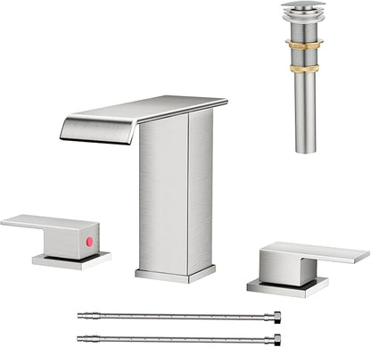 Waterfall Bathroom Faucet 3 Hole, Brushed Nickel 8 Inch Widespread Modern 3 Piece Bathroom Sink Faucet, Touch On Lavatory Faucet for Vanity RV Restroom, Straight Spout