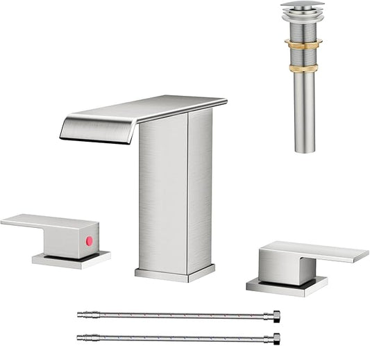Waterfall Bathroom Faucet 3 Hole, Brushed Nickel 8 Inch Widespread Modern 3 Piece Bathroom Sink Faucet, Touch On Lavatory Faucet for Vanity RV Restroom, Straight Spout