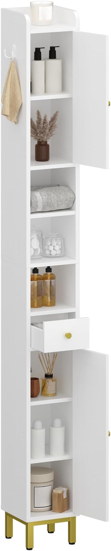 Bathroom Cabinet with Adjustable Shelves, Freestanding Floor Cabinet, Tall Bathroom Storage Cabinet with Doors & Drawer, Narrow Toilet Paper Storage Cabinet, White BC28013X