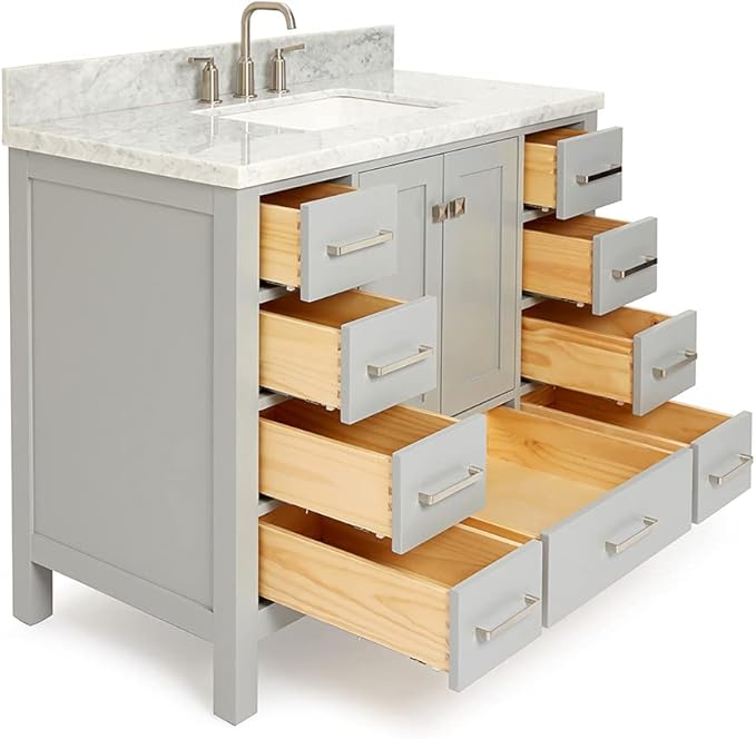 ARIEL Cambridge 42-inch Bathroom Vanity with Sink,Solid Wood, 1.5-inch Italian Carrara Marble Countertop, Single Rectangular Porcelain Sink, 2 Soft Closing Doors, 9 Dovetail Drawers, Grey