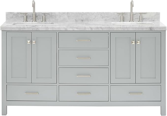 ARIEL Cambridge 66-inch Bathroom Vanity with Sink,Solid Wood, 1.5-inch Italian Carrara Marble Countertop, Double Rectangular Porcelain Sink, 4 Soft Closing Doors, 6 Dovetail Drawers, Grey