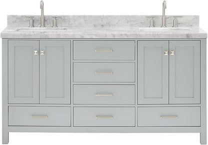 ARIEL Cambridge 66-inch Bathroom Vanity with Sink,Solid Wood, 1.5-inch Italian Carrara Marble Countertop, Double Rectangular Porcelain Sink, 4 Soft Closing Doors, 6 Dovetail Drawers, Grey