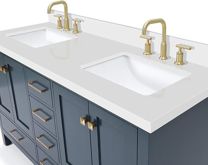 DKB Beckford 60-Inch Midnight Blue Double Bathroom Vanity, 1.5-Inch Edge Pure White Quartz Countertop & Splash, Rectangular Sinks, 4 Soft Closing Doors, 6 Full-Extension Dovetail Drawers, Satin Brass