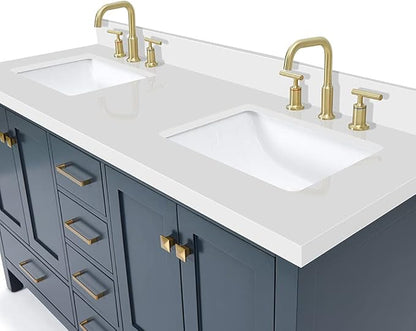ARIEL Cambridge 60-inch Bathroom Vanity with Sink,Solid Wood, 1.5-inch Pure White Quartz Countertop, Double Rectangular Porcelain Sink, 4 Soft Closing Doors, 6 Dovetail Drawers, Midnight Blue