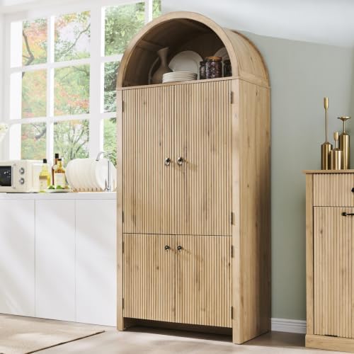 IFGET 71" Tall Arched Kitchen Pantry, Modern Fluted Storage Cabinet,Natural