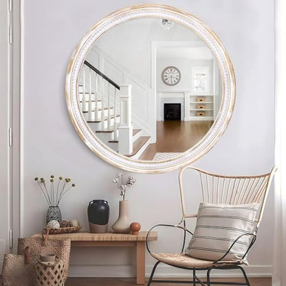 30 Inch Round Wood Mirror, Rustic Farmhouse Wall Mirrors for Bathroom