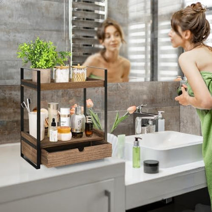 Ukonvi 2-Tier Bathroom Organizer Countertop with Drawer, Wood Counter Shelf for Storage, Vanity Tray for Organization and Decor, Countertop Organizer for Bathroom, Kitchen, Office (Dark Brown)