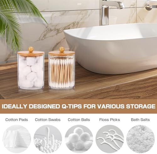 Bamboo Bathroom Accessory Set 5 Pcs, Boho Bathroom Accessories Sets Complete, Clear Bath Soap Dispenser and Toothbrush Holder Set, Soap Dish, Cotton Swab Jar, Boho Organizer