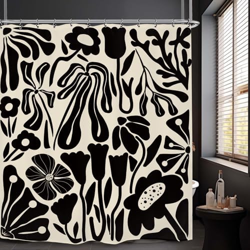 Black Off White Matisse Flower Art Shower Curtain 60Wx72L Inch Abstract Vintage Botanical Blossom Minimalist Neutral Wildflower Bathroom Set Accessories Decor with 12 Pack Hooks