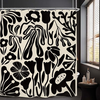 Black Off White Matisse Flower Art Shower Curtain 60Wx72L Inch Abstract Vintage Botanical Blossom Minimalist Neutral Wildflower Bathroom Set Accessories Decor with 12 Pack Hooks