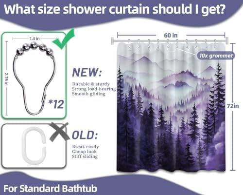 Dark Purple Forest Shower Curtain, 60X72 in, Mountain Rustic Pine Tree