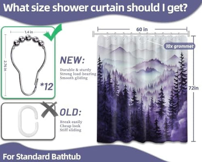 Dark Purple Forest Shower Curtain, 60X72 in, Mountain Rustic Pine Tree