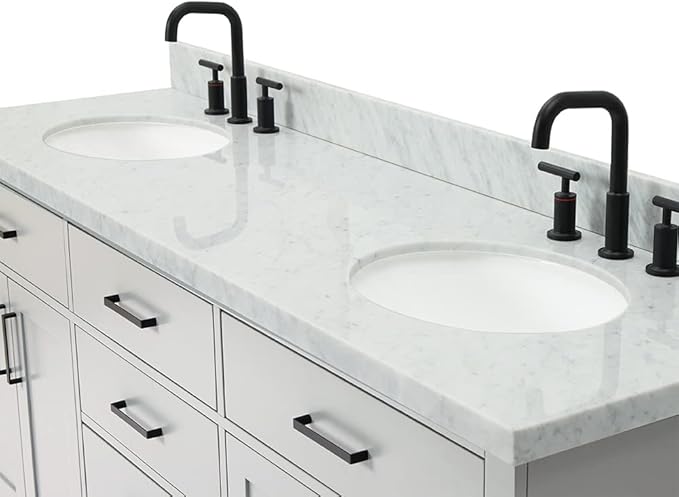 ARIEL Hepburn 72-inch Bathroom Vanity with Sink,Solid Wood, 1.5-inch Italian Carrara Marble Countertop & Backsplash, Double Oval Porcelain Sink, 4 Soft Closing Doors, 6 Dovetail Drawers, Grey