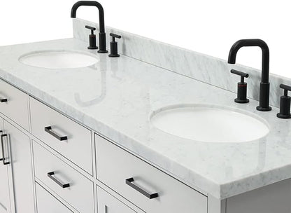 ARIEL Hepburn 72-inch Bathroom Vanity with Sink,Solid Wood, 1.5-inch Italian Carrara Marble Countertop & Backsplash, Double Oval Porcelain Sink, 4 Soft Closing Doors, 6 Dovetail Drawers, Grey