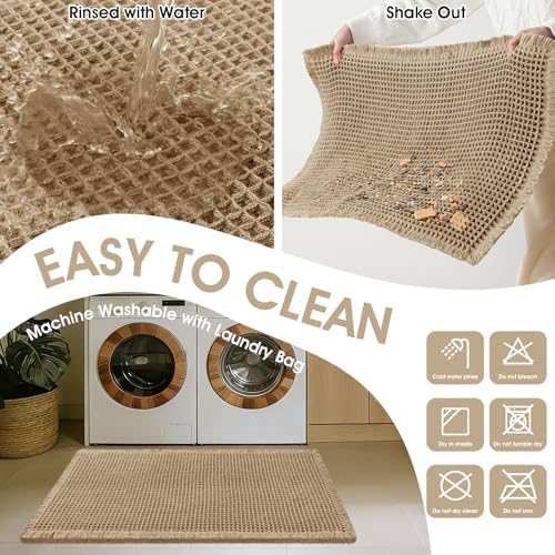 ACCUMTEK Upgraded Waffle Bath Mat, 32"x20" Beige, Super Absorbent Non-Slip Quick Dry Bathroom Rugs with Tassels, Machine Washable Ultra Soft Boho Bath Rugs for Floor, Toilet Mats Boho Farmhouse Decor