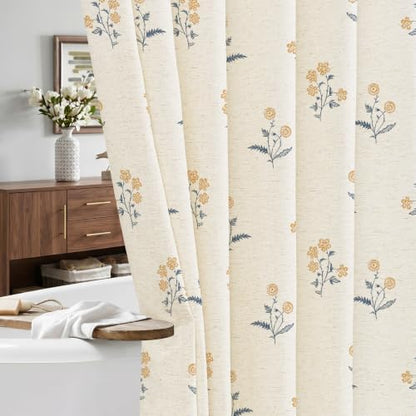 ORTIGIA Linen Shower Curtain Farmhouse Vintage Yellow Blue Floral Shower Curtains Navy Boho Rustic Block Print Cottagecore Decor for Bathroom 72 W x 72 L