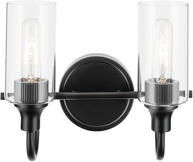 Kichler Kavi 12.5" 2-Light Vanity Light with Clear Glass in Black, Damp Rated, for Bathroom, Powder Room, Over a Mirror, (12.5" W x 10" H), 55210BK