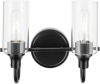 Kichler Kavi 12.5" 2-Light Vanity Light with Clear Glass in Black, Damp Rated, for Bathroom, Powder Room, Over a Mirror, (12.5" W x 10" H), 55210BK