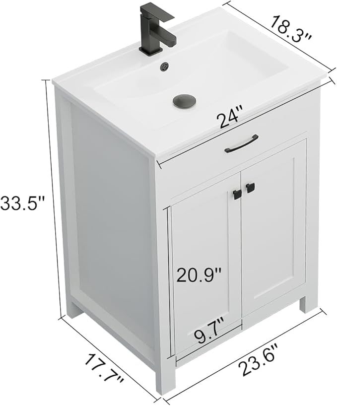 LUCKWIND 24" Bathroom Vanity with Sink Combo, Painted Modern Bathroom Storage Cabinet with Ceramic Sink, Two Doors, Include Faucet Without Mirror, White