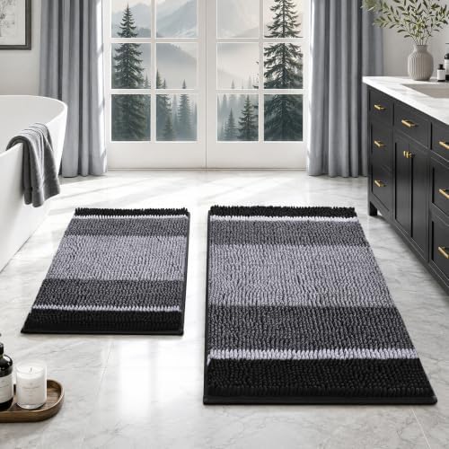 HOMEIDEAS Black Bathroom Rugs Set of 2, Striped Chenille, 20"x32"+17"x24"