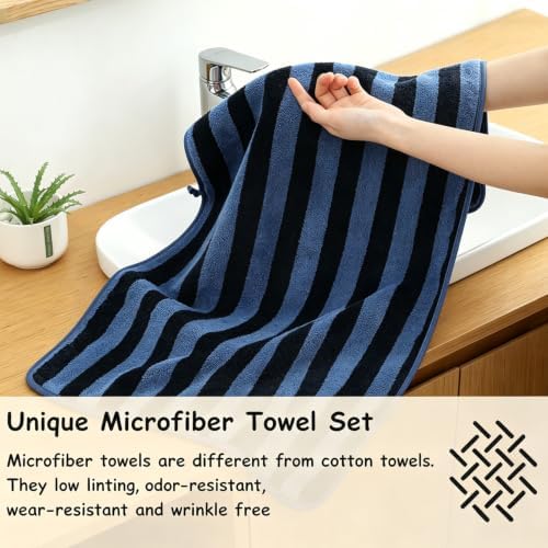 18 Pcs Navy Black Cabana Stripe Bath Towel Set with Hanging Loop-6 Bath Towels,6 Hand Towels,6 Washcloths Soft Microfiber Family Towels Highly Absorbent Shower Towel for Bathroom Beach Spa Gym