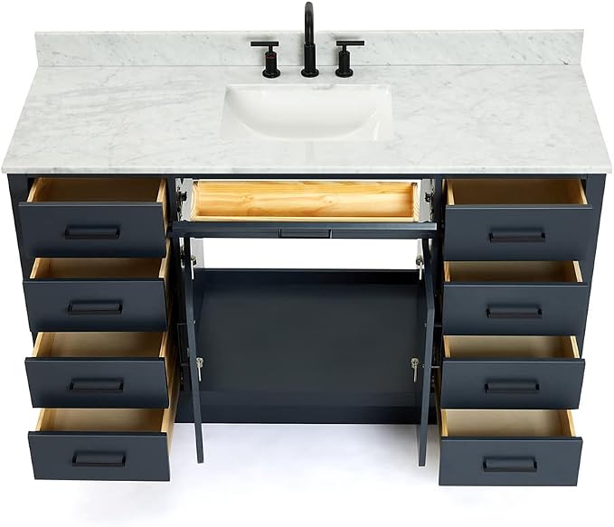 ARIEL Hepburn 60-inch Bathroom Vanity with Sink,Solid Wood, 0.75-inch Italian Carrara Marble Countertop, Single Rectangular Porcelain Sink, 2 Soft Closing Doors, 9 Dovetail Drawers, Midnight Blue