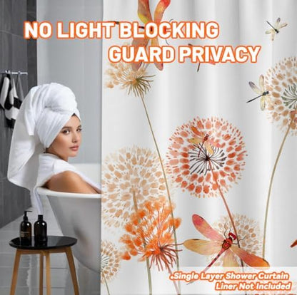 Orange Dandelion Shower Curtain Spring Dragonfly White Watercolor Shower Curtains for Bathroom Decor, Waterproof Cloth Fabric with Hooks 70" Wx72 L