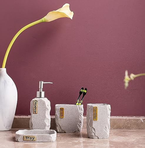 Hymmah Bathroom Accessories Set,Marble Design Toothbrush Holder,Farmhouse Bathroom Decor,4 Pcs Resin Gift Set Apartment Necessities, Contain Toothbrush Cup,Soap Dispenser,Soap Dish,Tumbler