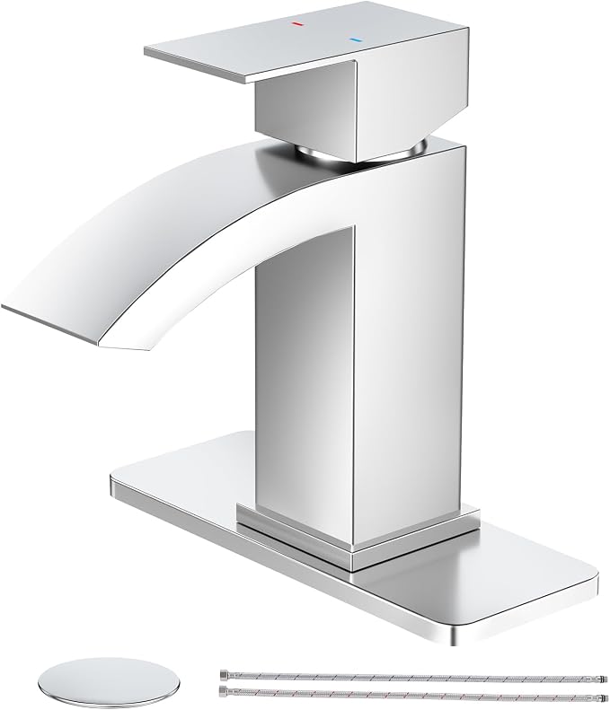 CREA Chrome Waterfall Bathroom Faucet Single Hole,Chrome Bathroom Sink Faucet 1 Hole Single Handle Bathroom Faucet with Pop Up Drain Stopper/ 3 Hole Plate Stainless Steel RV Vanity Faucet