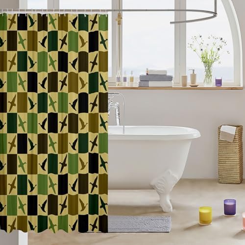 Duck Hunter Shower Curtain for Bathroom Decor Mallard Duck Bath Curtain Bathtubs Checkered Geometric Bathroom Accessories Hunting Vintage Brown Green Waterproof Polyester Fabric with 12 Hooks 72"x78"