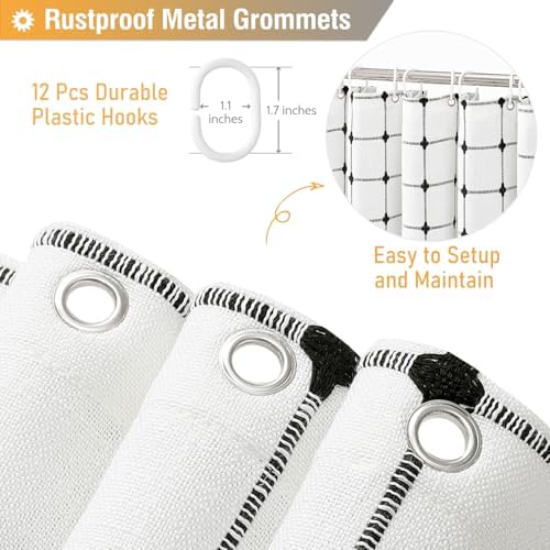 BTTN White Black Farmhouse Linen Heavy Duty Cloth Shower Curtain, 72x72